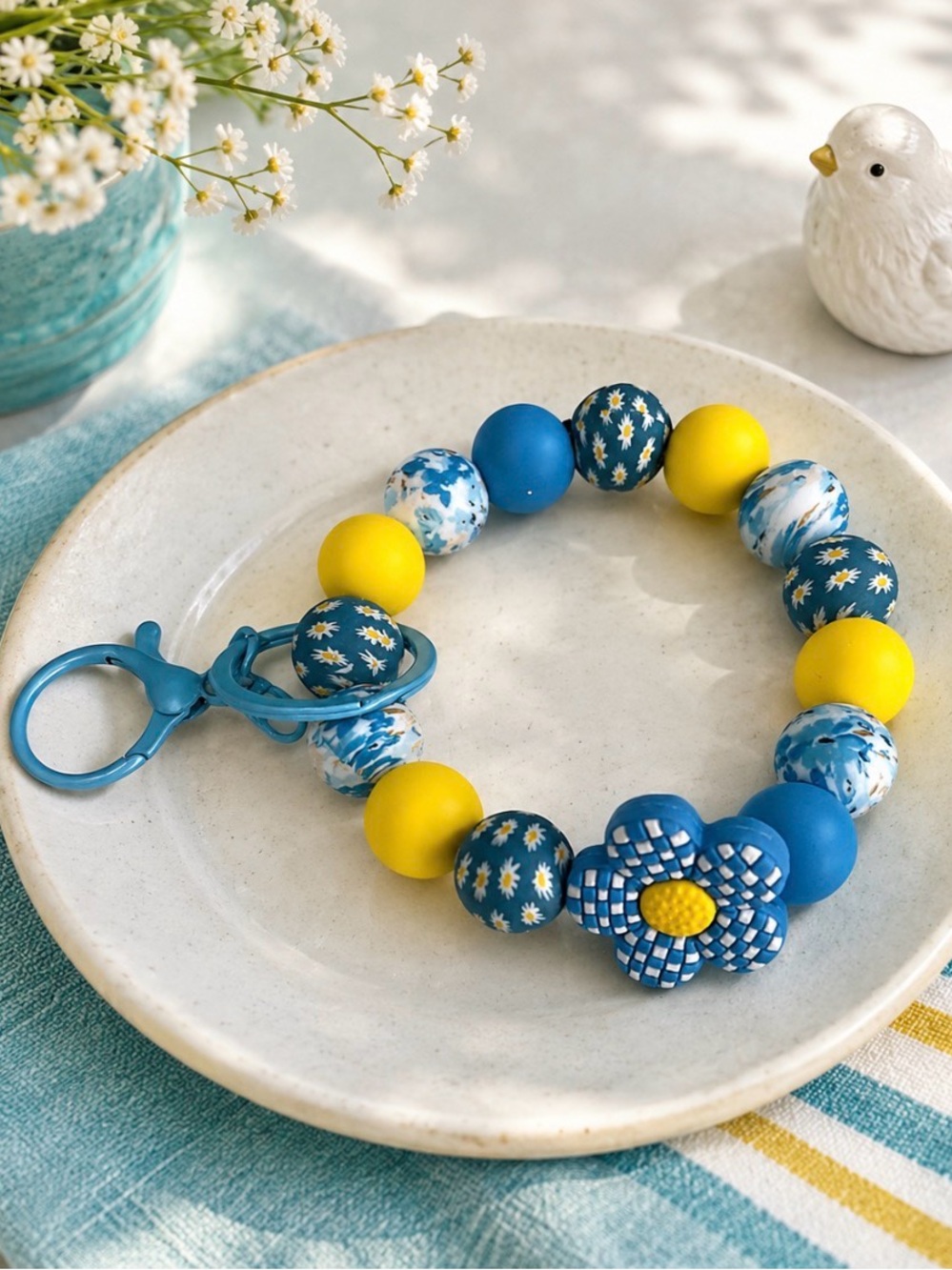 Hand crafted blue white and Yellow wristlet keychain